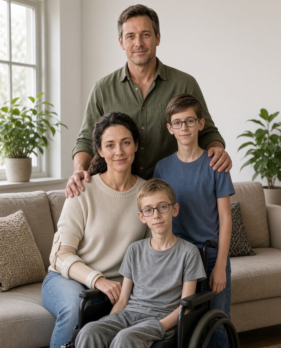 A family living with myotonic dystrophy at home: a mother wearing an arm brace, a father, one healthy son, and one son who uses a wheelchair